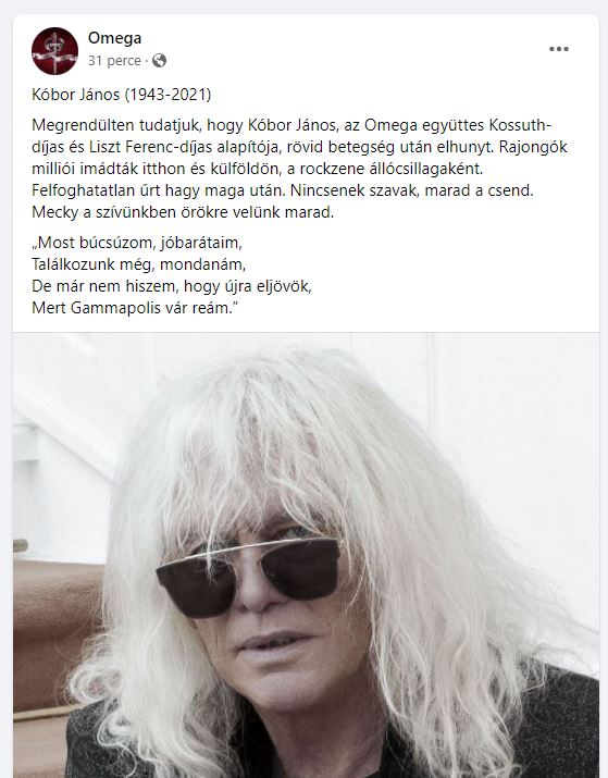 Meghalt Kóbor János, az Omega alapító tagja - Az együttes közölte a szomorú hírt a Facebook-oldalán